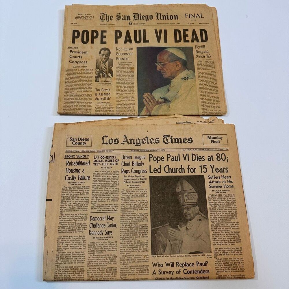 Lot (2) Historical Headlines from Pope Paul VI’s Death August 7th, 1978